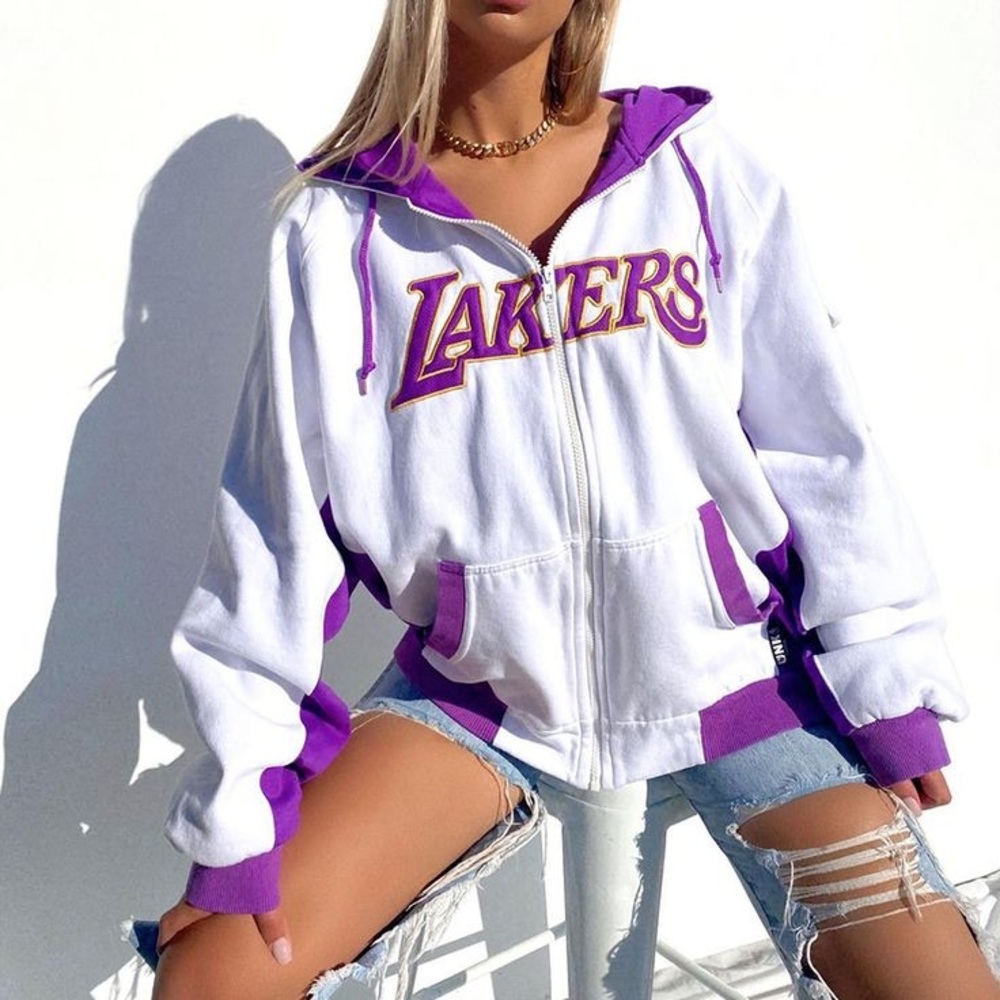 White & Purple Lakers Hoodie Full Zip Up W/Pockets Jacket